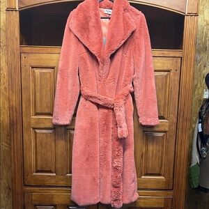 Show Me Your MuMu Coral Faux Fur Long Belted Coat